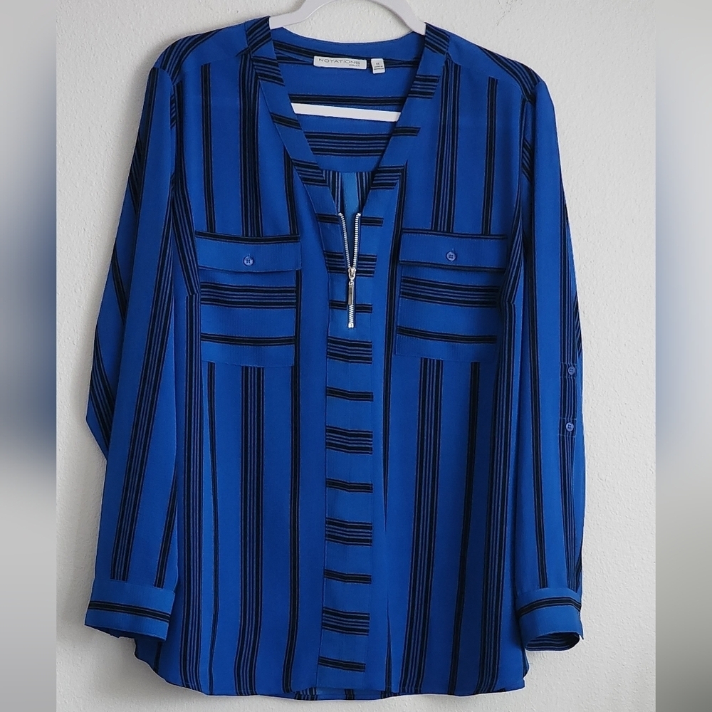 Notations Women's Blue & Black Roll Tab Sleeve Notch Neck Front Pockets Sz 1X